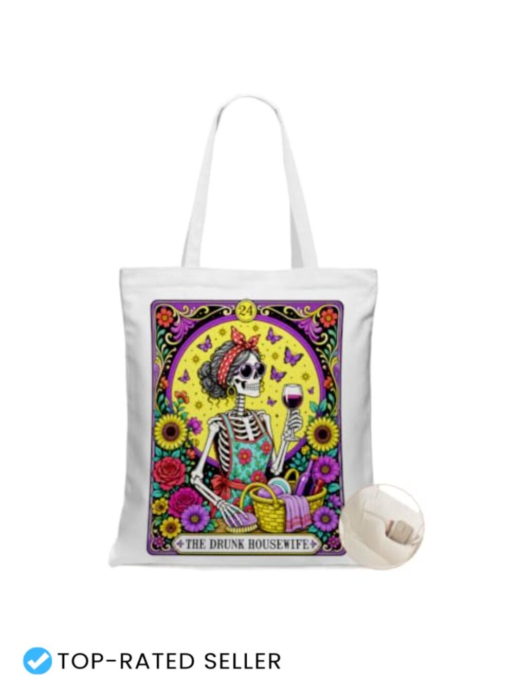 Funny Skull Tarot Card Canvas Tote Bag for Women Witchy Grocery Shopping